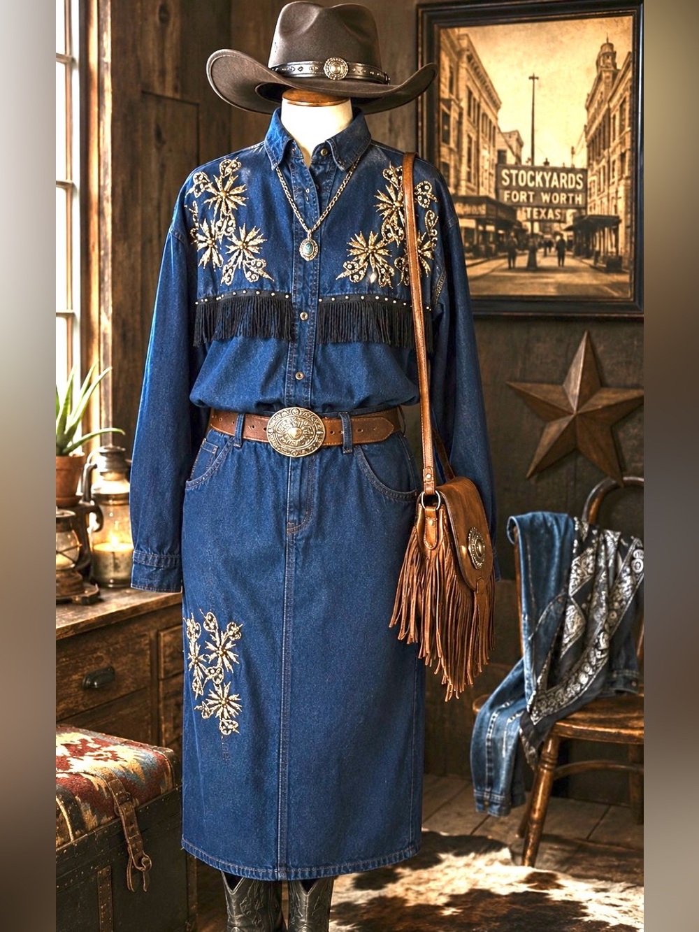 Vintage Carolina Bay 2 Piece Embroidered Blue Denim Set. Size Small